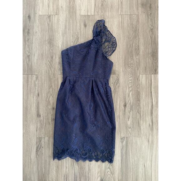 Jim Hjelm Occations Dress Women's 10 Navy One Shoulder Lace Cocktail Open Back - Picture 1 of 8